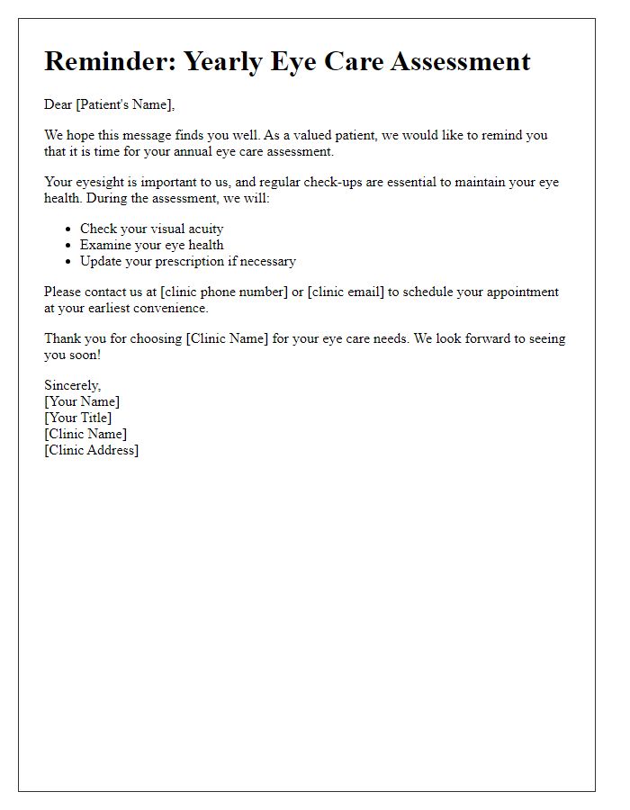 Letter template of yearly eye care assessment prompt