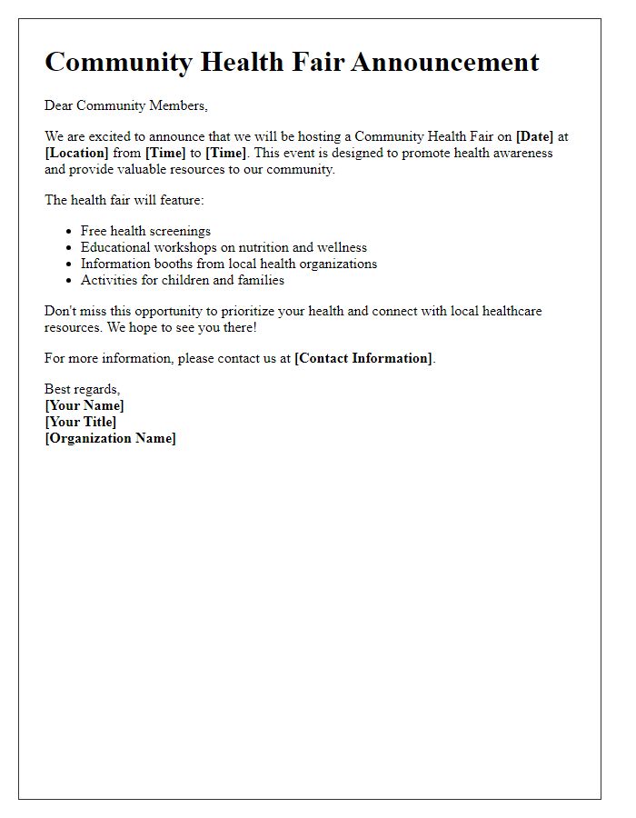 Letter template of announcement for community health fairs.