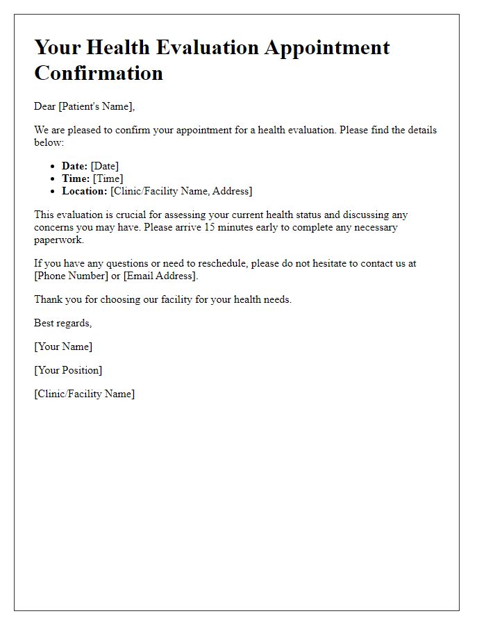 Letter template of confirmation for elderly health evaluations.