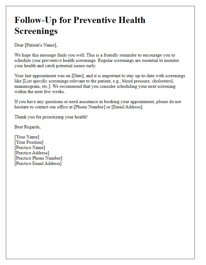 Letter template of follow-up for preventive health screenings.