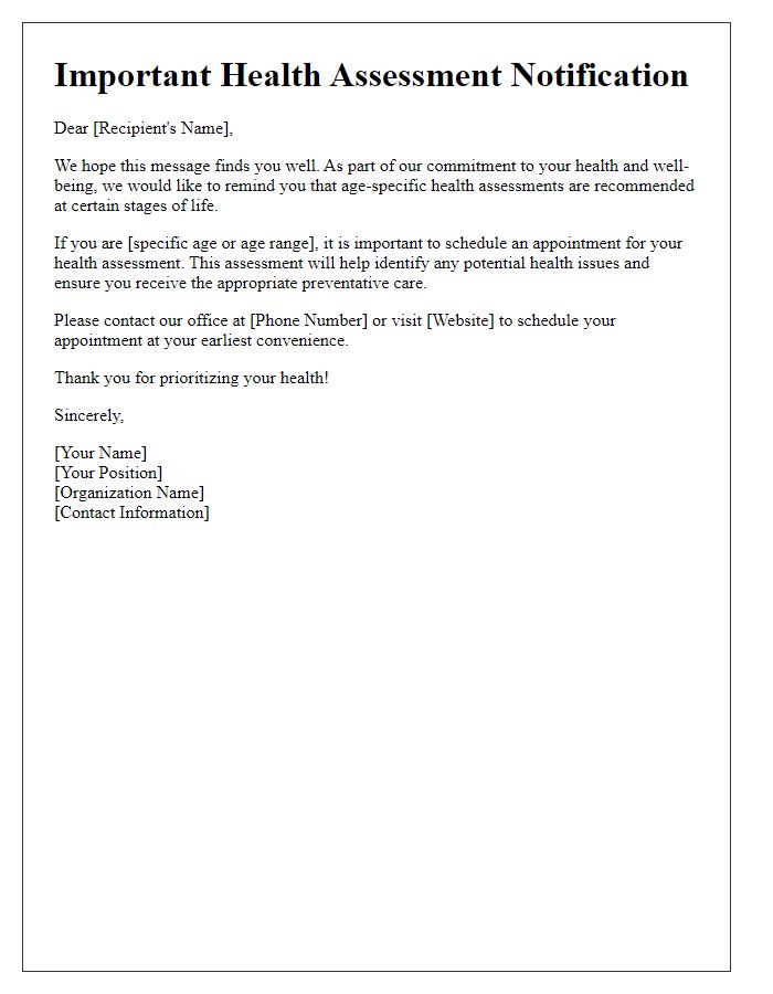 Letter template of notification for age-specific health assessments.