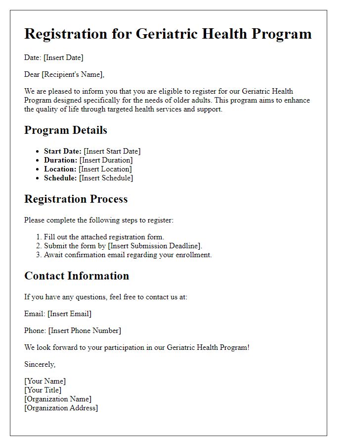 Letter template of registration for geriatric health programs.