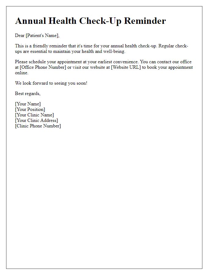 Letter template of reminder for annual health check-up.