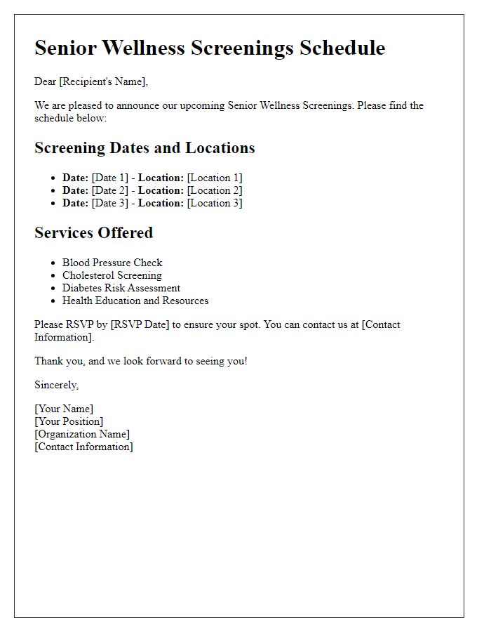 Letter template of schedule for senior wellness screenings.