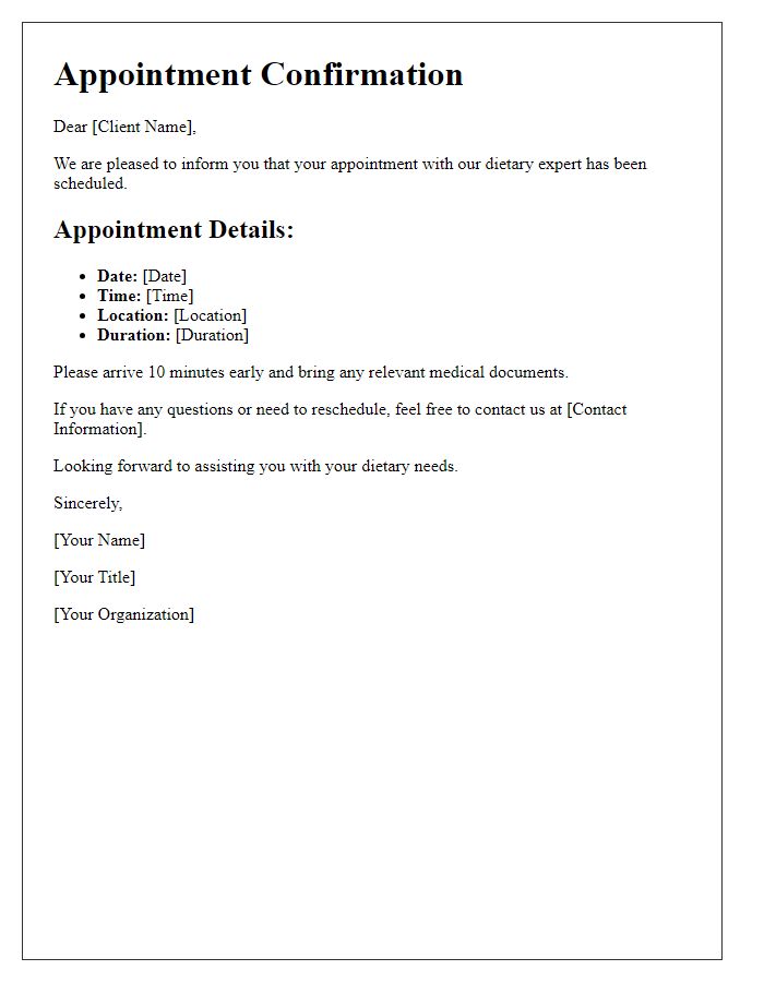 Letter template of dietary expert appointment scheduling