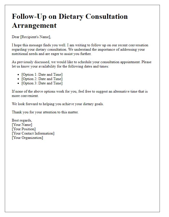 Letter template of follow-up for dietary consultation arrangement