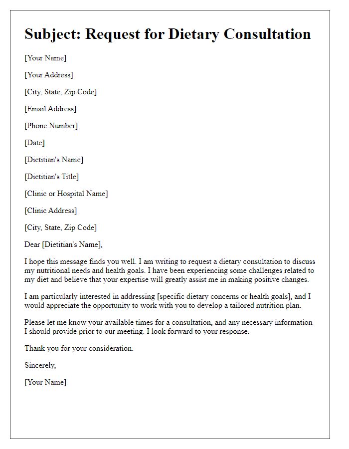 Letter template of initiating a dietary consultation