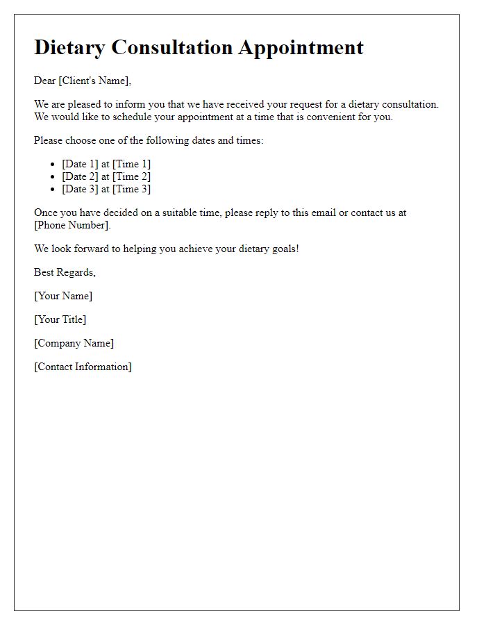 Letter template of scheduling a dietary consultation session