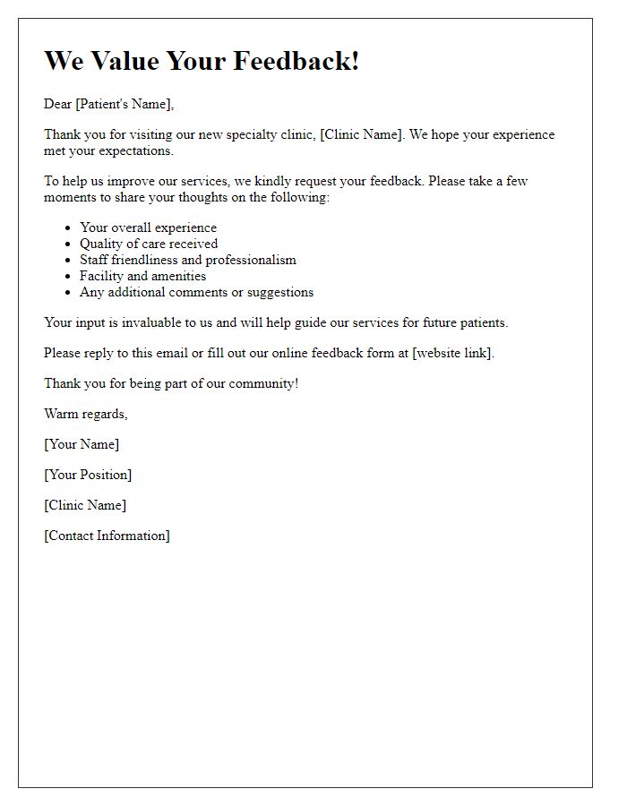 Letter template of feedback request post-specialty clinic opening