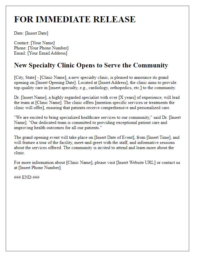 Letter template of press release announcing new specialty clinic