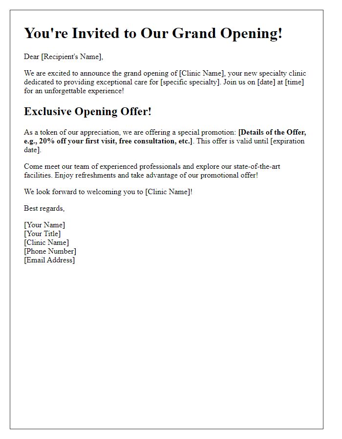 Letter template of promotional offer for specialty clinic opening