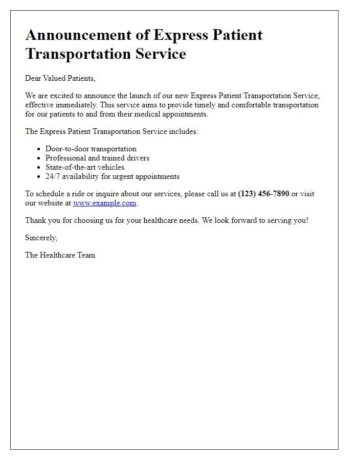 Letter template of express patient transportation service announcement.