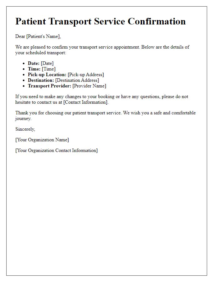 Letter template of patient transport service confirmation.