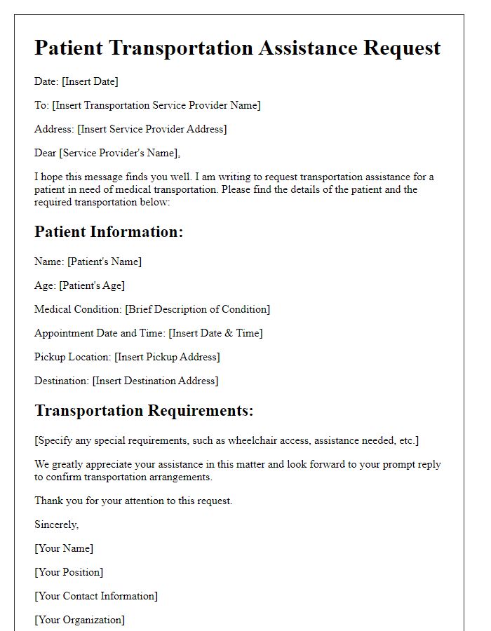 Letter template of patient transportation assistance request.