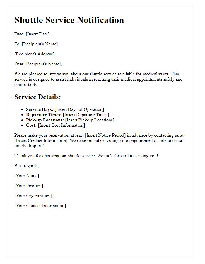 Letter template of shuttle service for medical visits.