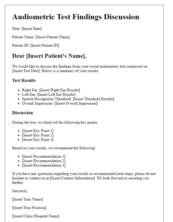 Letter template of audiometric test findings discussion