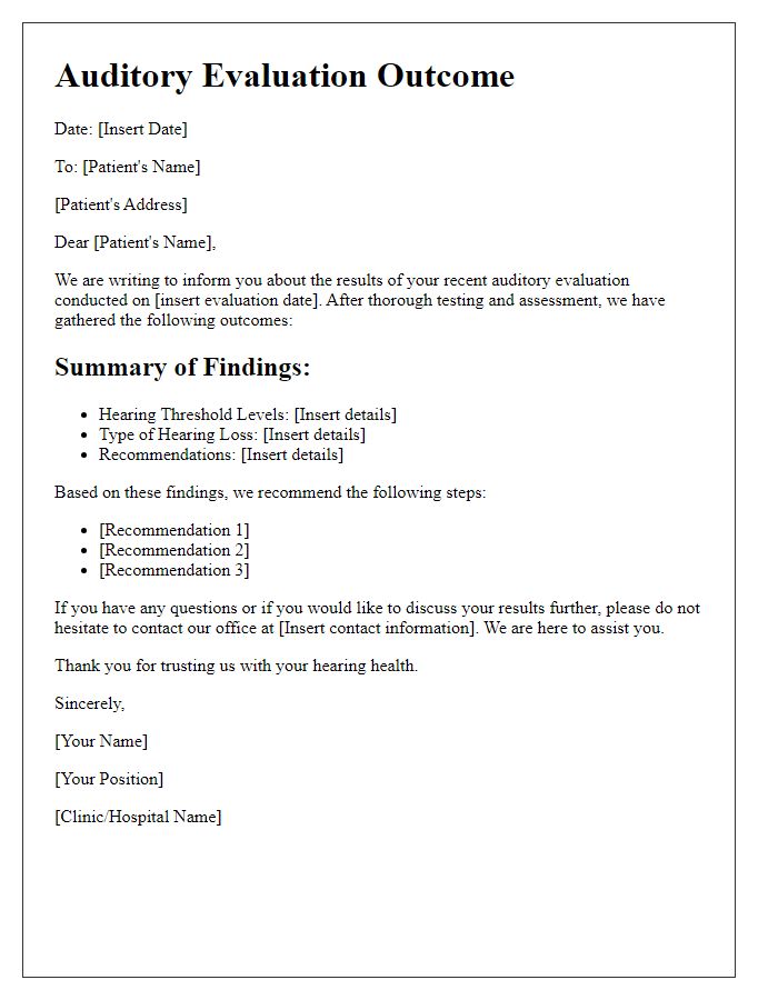 Letter template of auditory evaluation outcome conversation