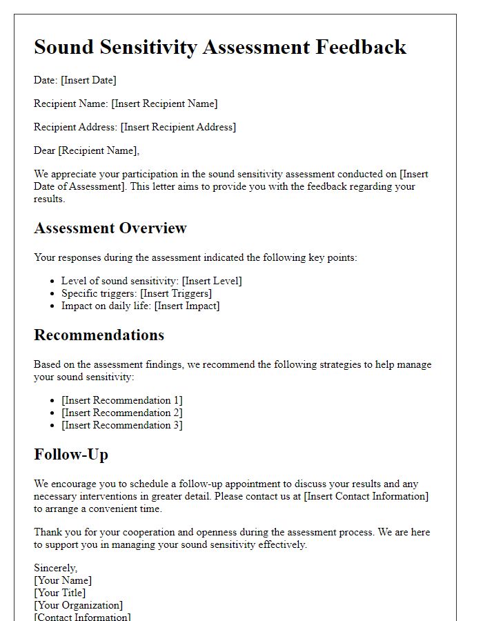 Letter template of sound sensitivity assessment feedback