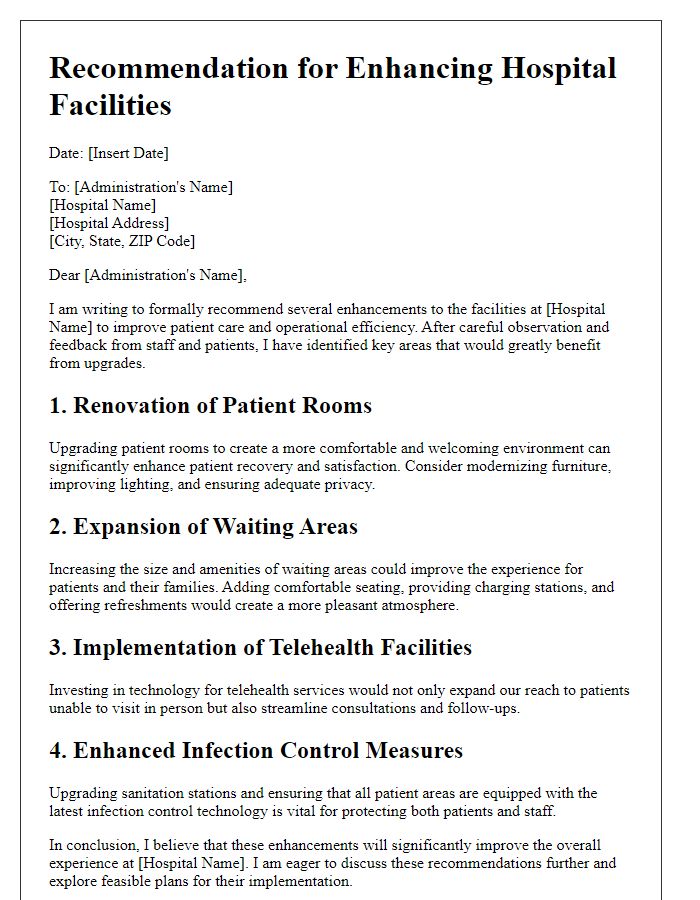 Letter template of recommendations for enhancing hospital facilities to administration.