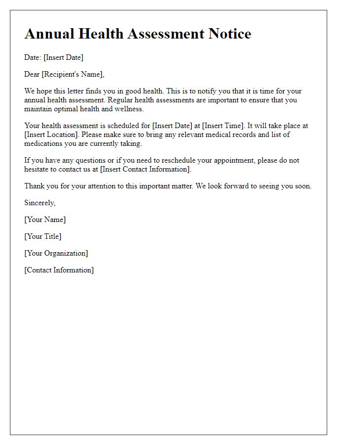 Letter template of annual health assessment notice