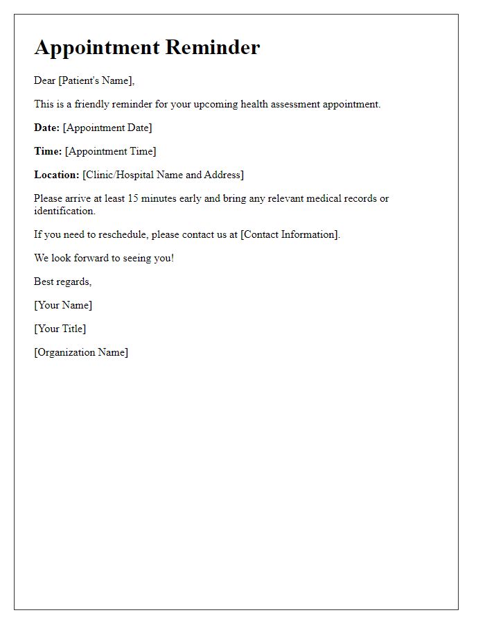 Letter template of health assessment appointment reminder