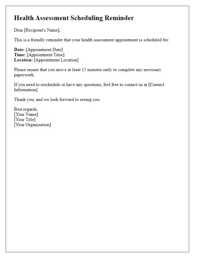 Letter template of health assessment scheduling reminder