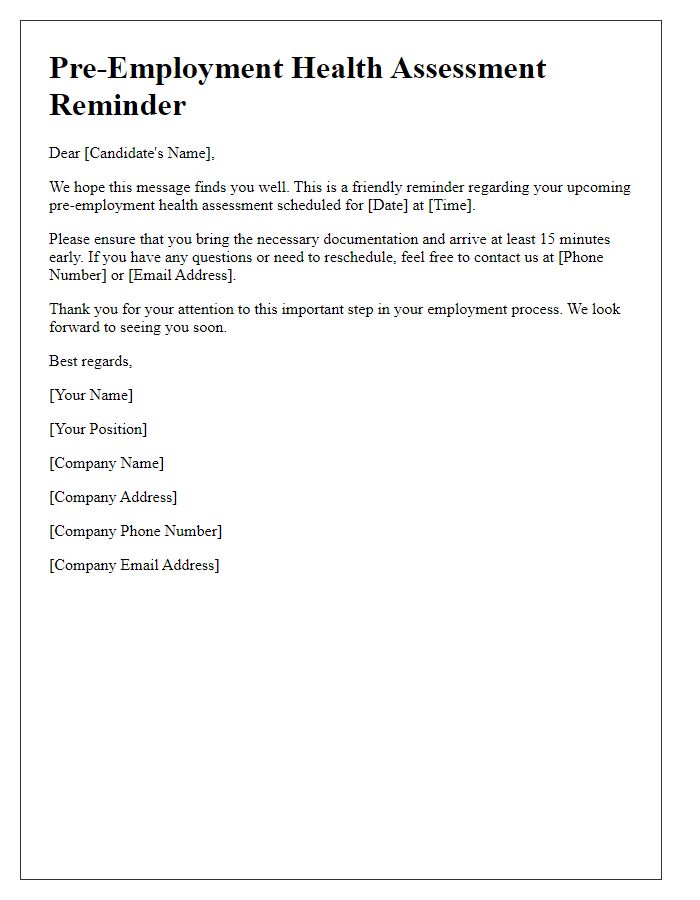 Letter template of pre-employment health assessment reminder