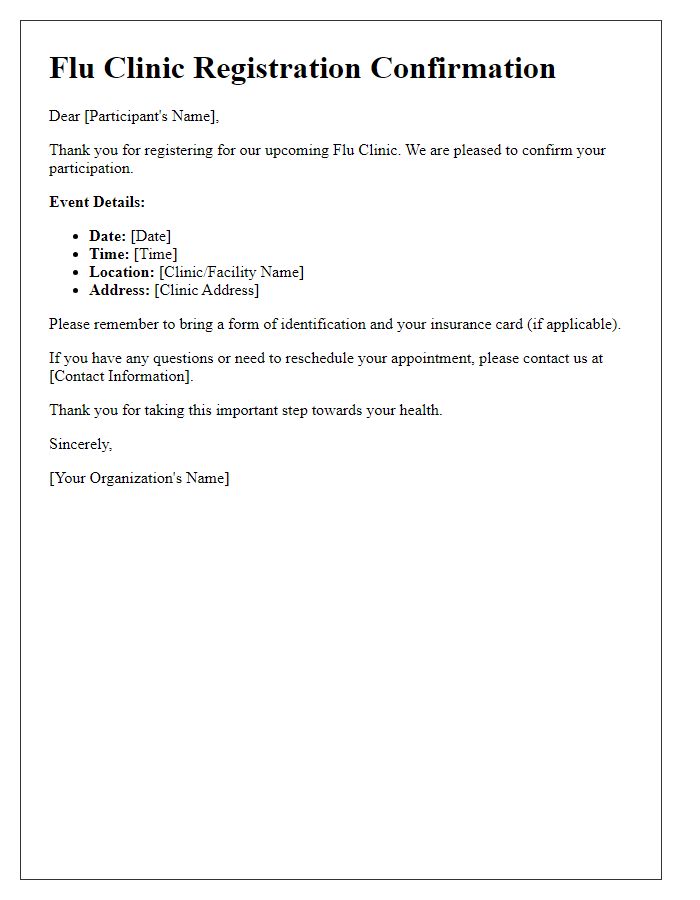 Letter template of flu clinic registration confirmation for participants