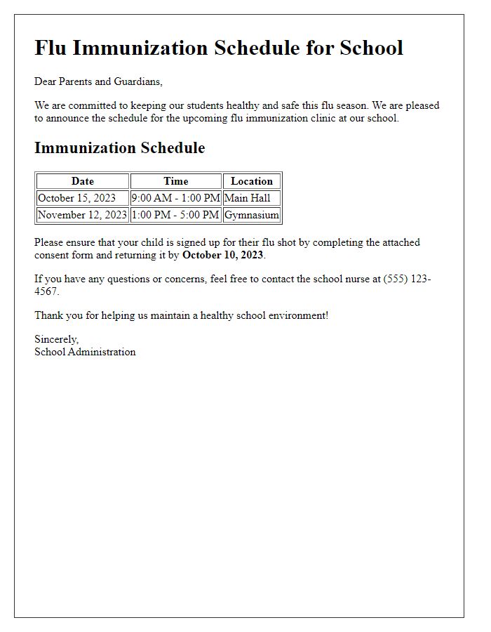 Letter template of flu immunization schedule for schools