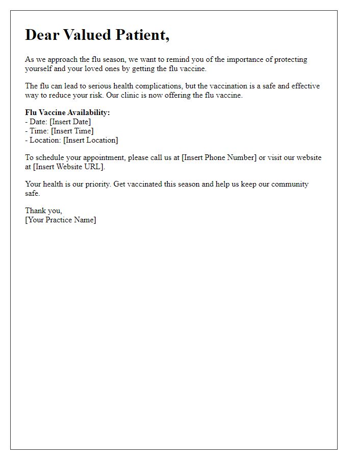 Letter template of flu vaccine promotional message for patients