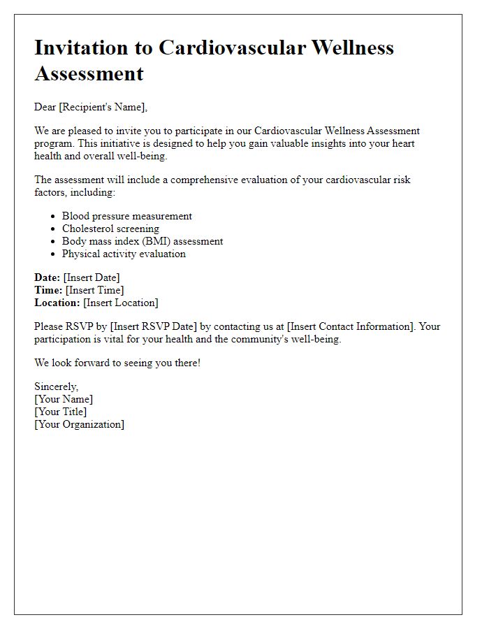 Letter template of cardiovascular wellness assessment invitation