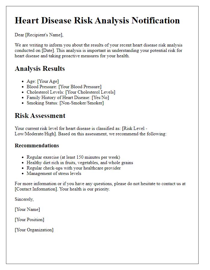 Letter template of heart disease risk analysis notification