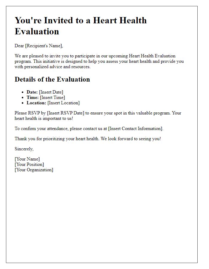 Letter template of heart health evaluation invitation