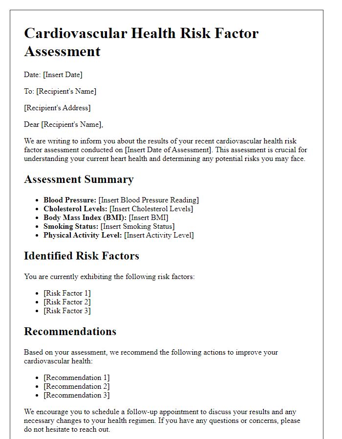 Letter template of risk factor assessment for cardiovascular health