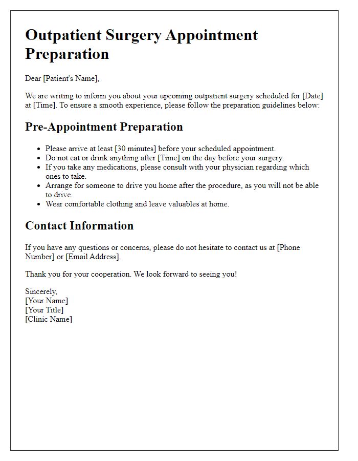 Letter template of outpatient surgery appointment preparation