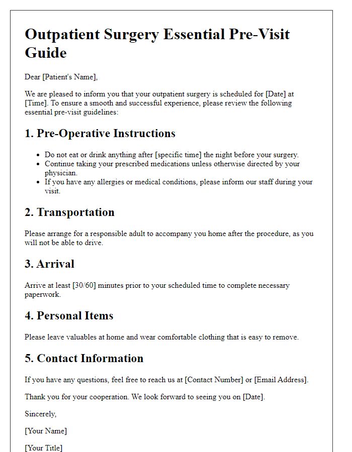 Letter template of outpatient surgery essential pre-visit guide