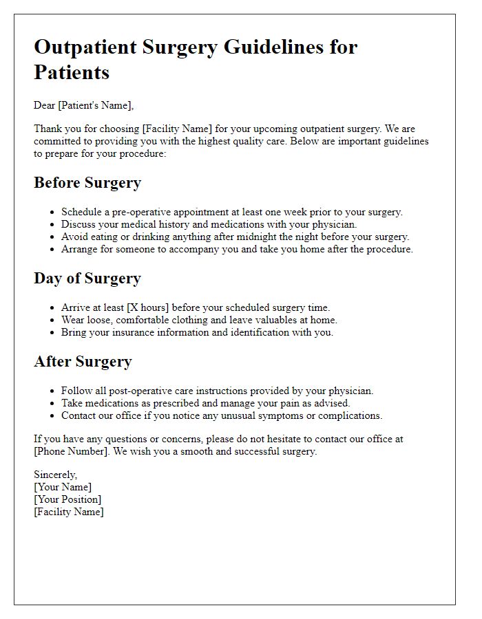 Letter template of outpatient surgery guidelines for patients