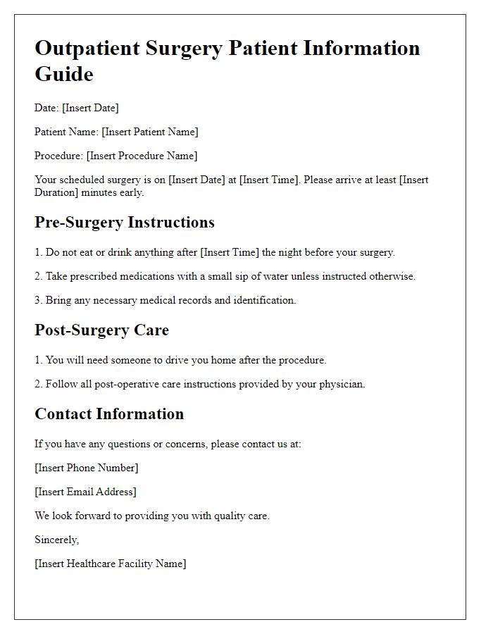 Letter template of outpatient surgery patient information guide