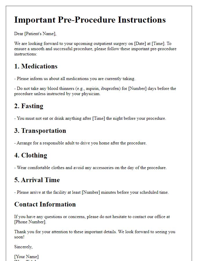 Letter template of outpatient surgery pre-procedure preparation