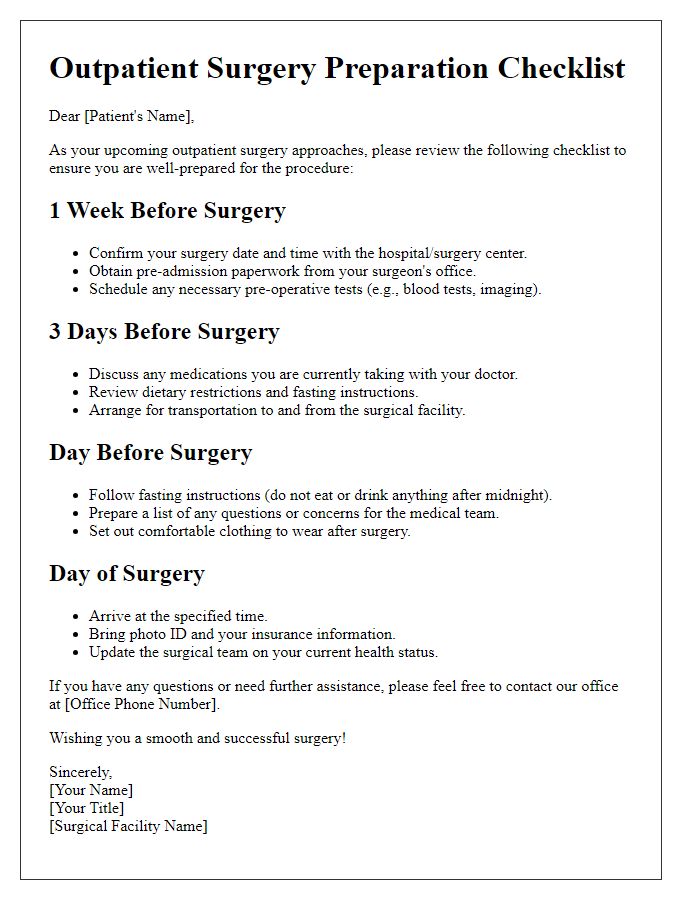 Letter template of outpatient surgery preparation checklist