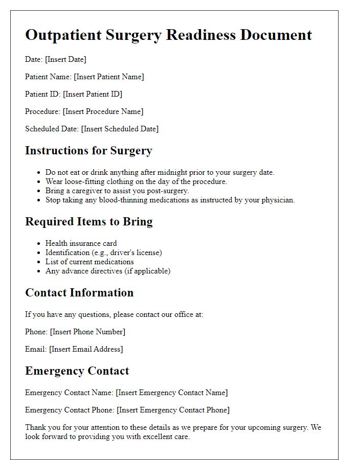 Letter template of outpatient surgery readiness document