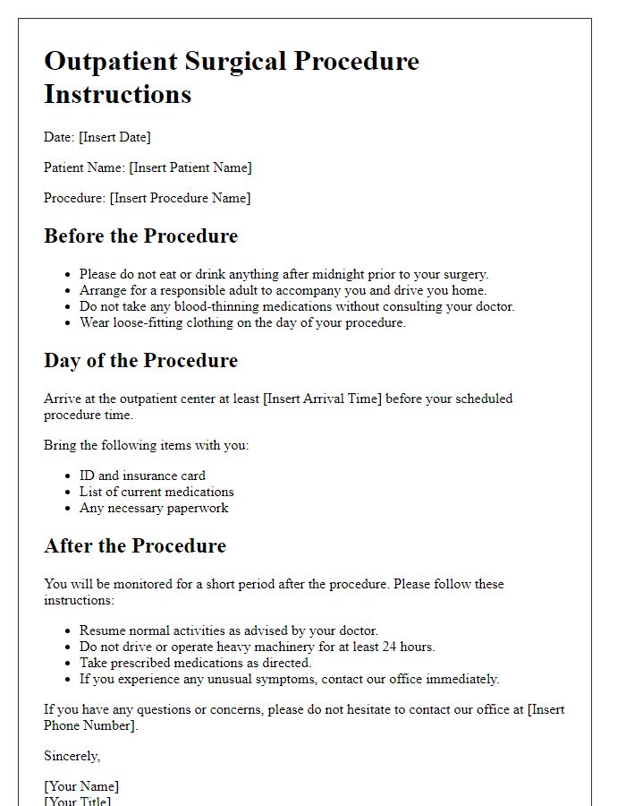 Letter template of outpatient surgical procedure instructions