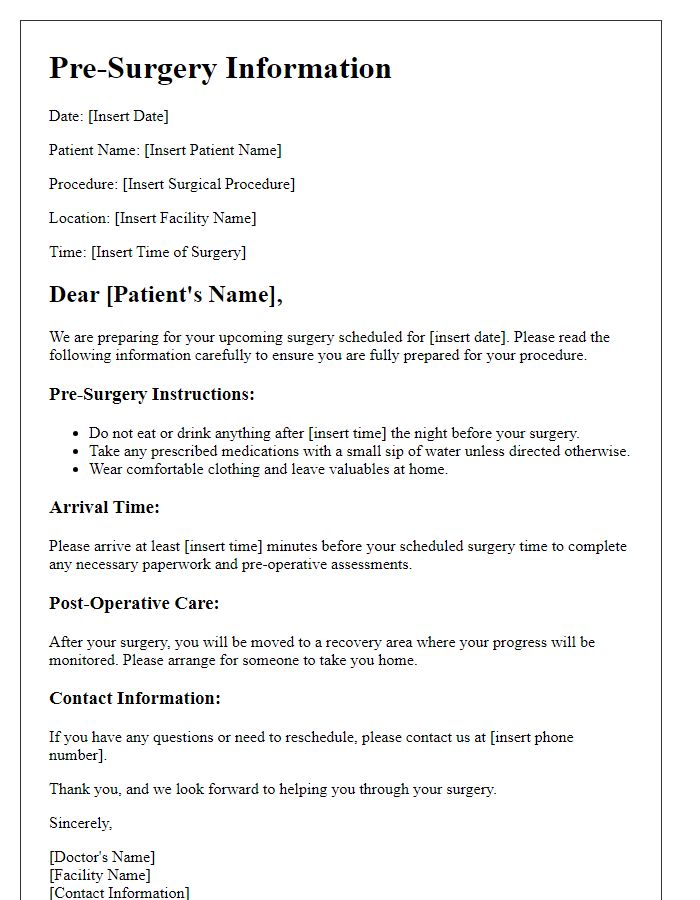 Letter template of pre-surgery information for outpatient care