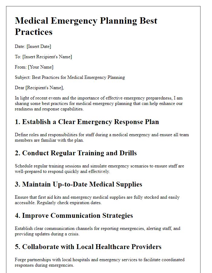 Letter template of best practices for medical emergency planning