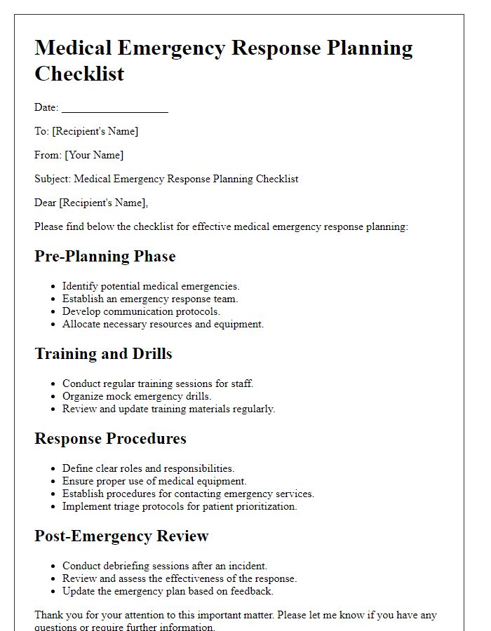 Letter template of checklists for medical emergency response planning