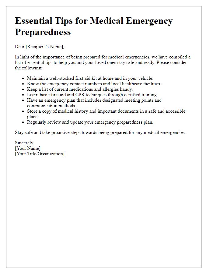 Letter template of essential tips for medical emergency preparedness