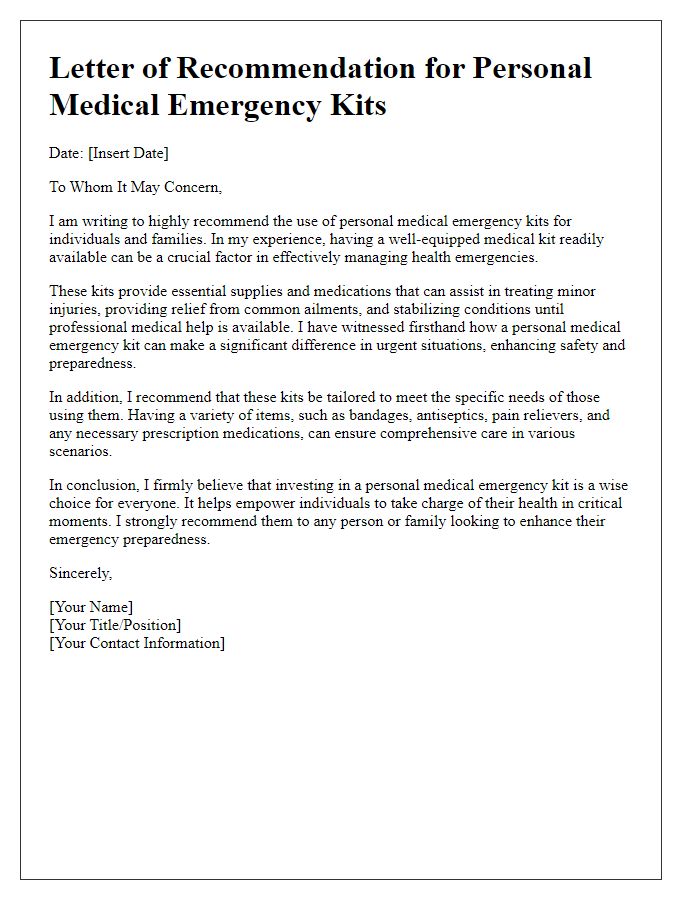 Letter template of recommendations for personal medical emergency kits