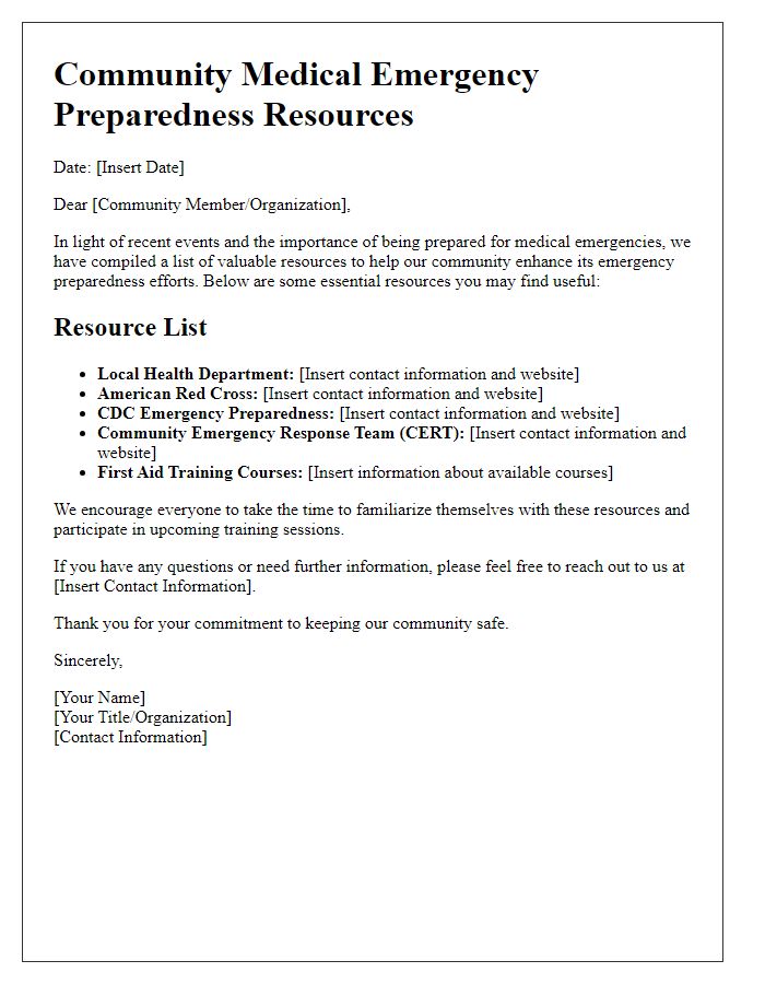 Letter template of resources for community medical emergency preparedness