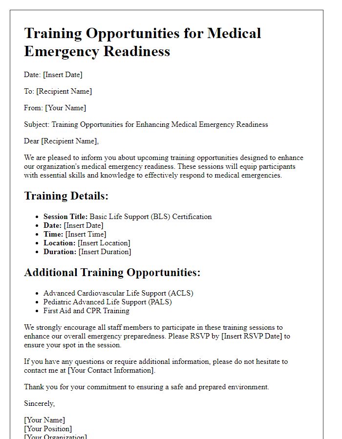 Letter template of training opportunities for medical emergency readiness