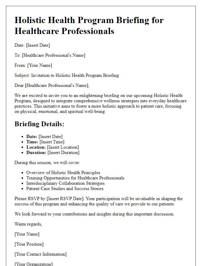 Letter template of holistic health program briefing for healthcare professionals